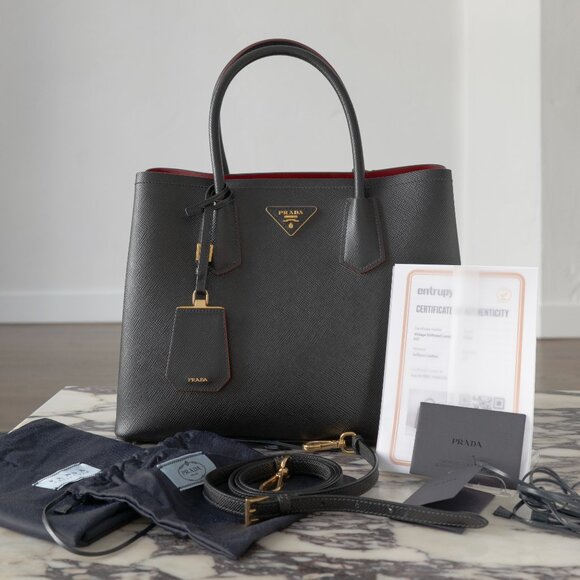 PRADA Medium Saffiano Cuir Double Tote w/ Strap Black/Fiery Red 1BG775 - Picture 1 of 15